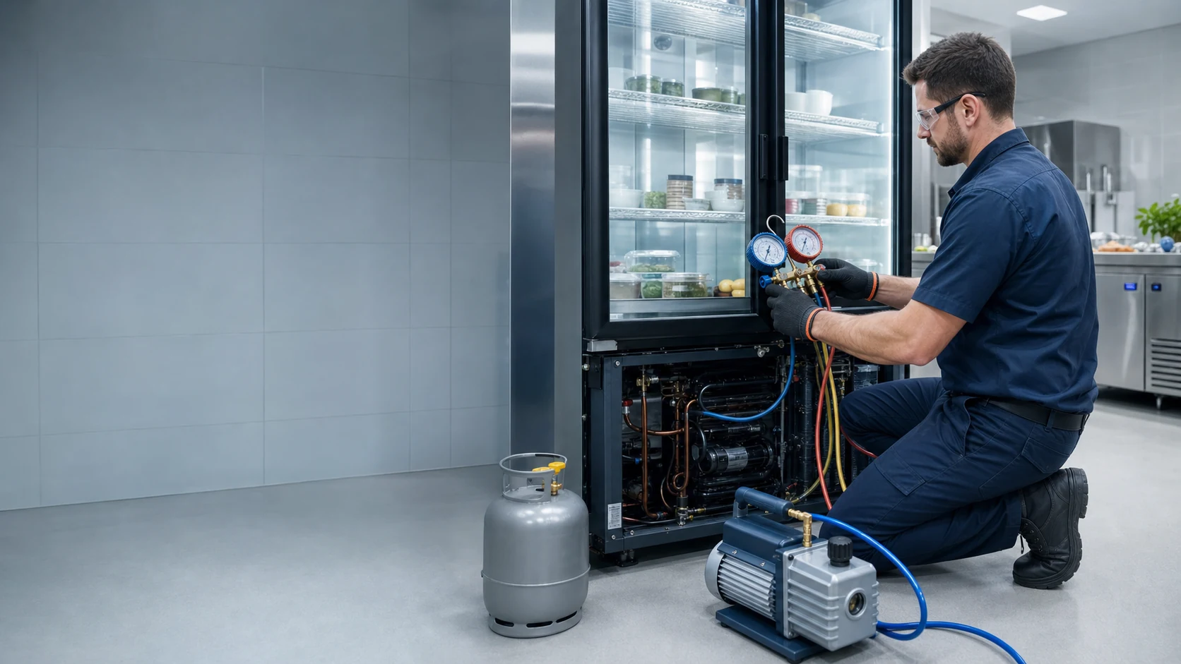 Ticari buzdolabına soğutucu gaz dolumu yapan teknik servis uzmanı